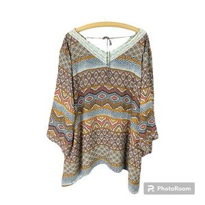 Cato Womans Tunic Top Plus Size 26/28W Brown Orange Lace Flowy Loose Boho Retro